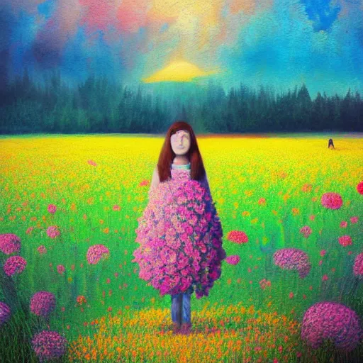 Image similar to girl with a huge flower as a face, surreal photography, dream, standing in flower field, hills, big trees, sunrise dramatic light, impressionist painting, colorful clouds, digital painting, pointillism, artstation, simon stalenhag, flower face