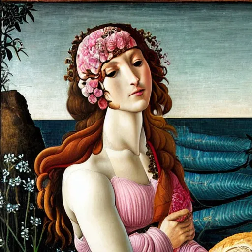 Image similar to an ultradetailed mythological oil painting of a beautiful woman with long brown hair, full body, wearing pink floral chiton, lying on a giant scallop shell, near the seashore, intricate lines, elegant, renaissance style, by sandro botticelli