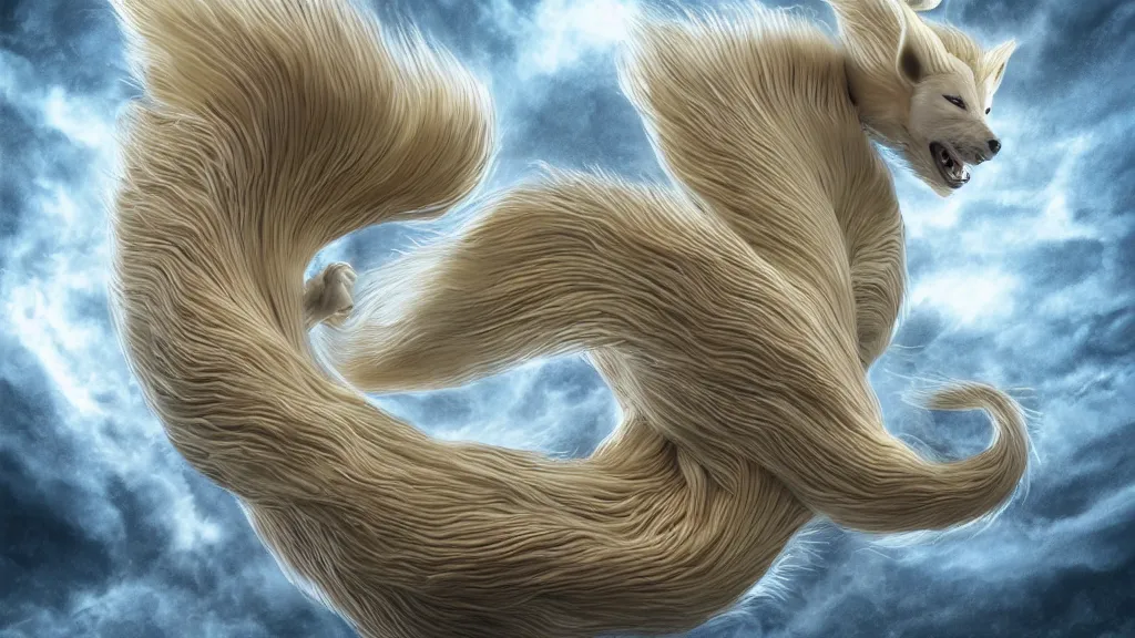 Image similar to a ninetails created by uzumaki junji ito and photographed by andrew thomas artgerm, digital art, redshift render, hyperrealistic, ray - tracing