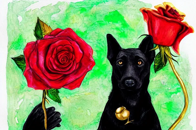 Image similar to anthro drawing of black dog with green eyes holding a rose, golden earring, watercolor, vivid colors, ocean background, sunny day, 4 k, puffy clouds, front page of art station, global illumination, chromatic abberation, very detailed