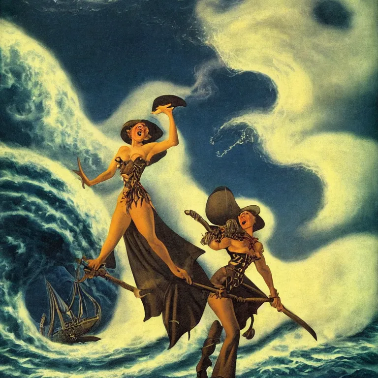 Image similar to a pirate witch summoning a giant wave by remedios varo and art frahm and earl moran and fritz willis and gil elvgren