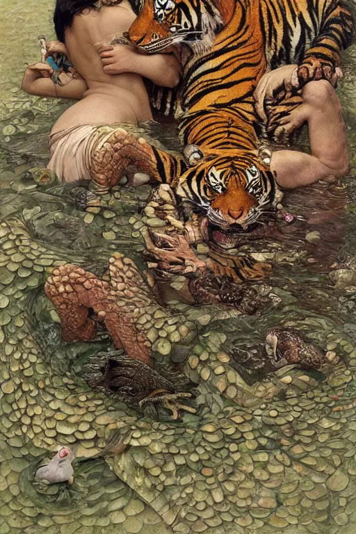 Prompt: a tiger a frog and a duck sharing a drinkby frantisek kupka, intricate, miles johnston, kuroda seiki, cynical realism, ozabu, john william godward, painterly, yoshitaka amano, moebius, miles johnston, louise zhang, james jean, mark ryden