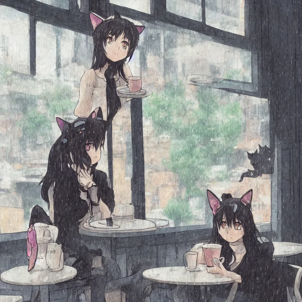 Prompt: girl with cat ears sitting at a table in a cafe next to window with rain, anime style