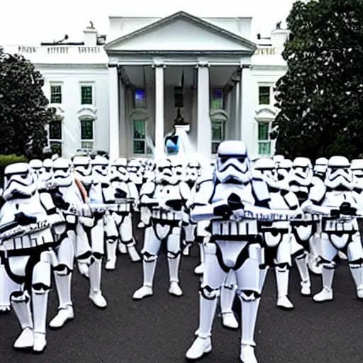 Prompt: a still candid image of hundreds of star wars stormtropers rioting in front of a the white house in washington.!!!, flaming torches and pitchforks