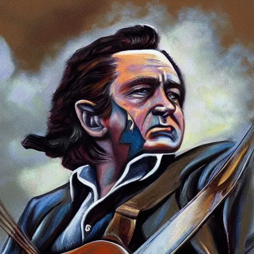 Image similar to fantasy art ultra detailed color johnny cash as a revolutionary war warrior bayoneting a traitor fbi agent