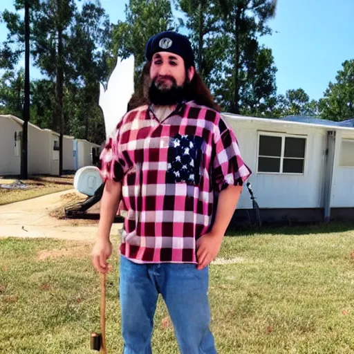 Prompt: anime ethank klein from h 3 h 3 dressed as an american redneck, standing in front of a mobile home in northern georgia, usa