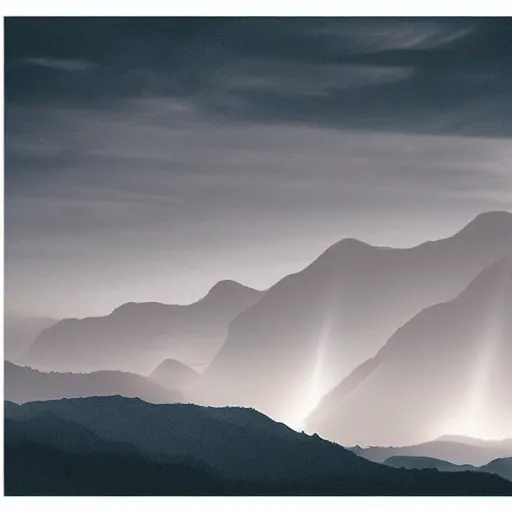 Image similar to silhouette of mountains made of light!!! bright cloudy sky, overexposed, hyper detailed matte painting