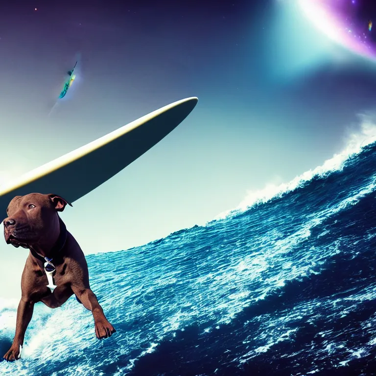 Prompt: photo of a dark coat pit bull with a white paws, surfing on a surfboard in a crashing wave of alien ocean in space, background is an alien galaxy, matte, aliens in the background, alien colors, octane render, unreal engine, wide view, 8 k, high detaild