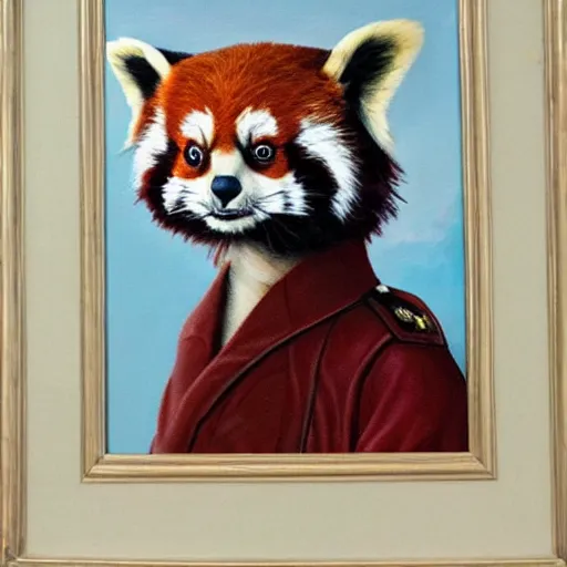 Image similar to oil painting of an anthropomorphic red panda in military uniform, amazing detail