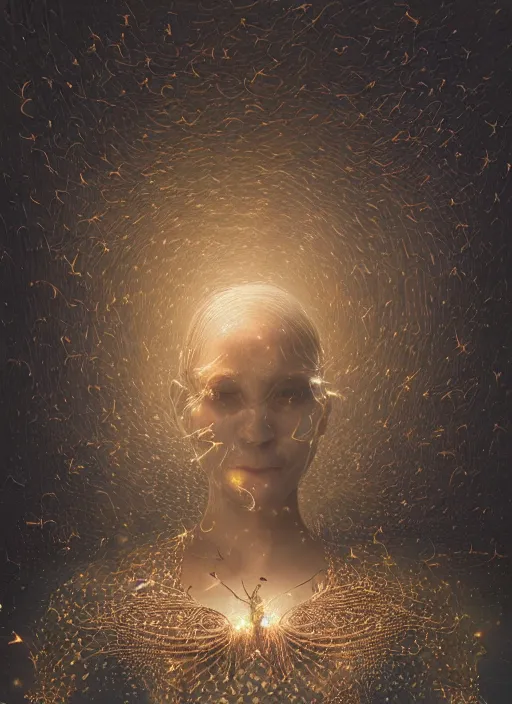 Image similar to portrait of a women with no vision who invented time surrounded by dreams made from fireflies, modern fine art, fractal, intricate, elegant, highly detailed, digital photography, subsurface scattering, by jheronimus bosch and greg rutkowski,