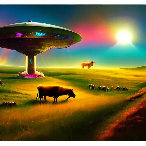 Image similar to ufo over the cow, Bright colors, fantastic landscape, hyperrealism, no blur, 4k resolution, ultra detailed, style of Anton Fadeev, Ivan Shishkin, John Berkey