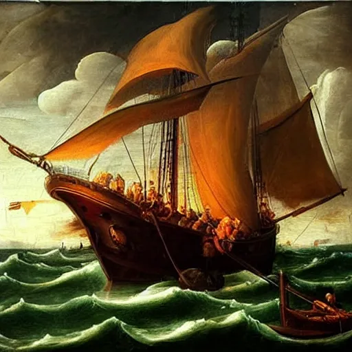 Prompt: HEAVE HO! HAUL TOGETHER Pirate Artwork, trending, renaissance painting, badass, super cool, stormy weather illuminated only by oil lanterns aboard ship