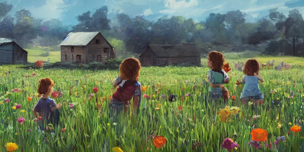 Prompt: two kids pick flowers in a field in front of abandoned farmhouse with robotic harvesters, landscape, by pixar, high detail, 3D, octane, realistic, cinematic, photoreal, by stalenhag