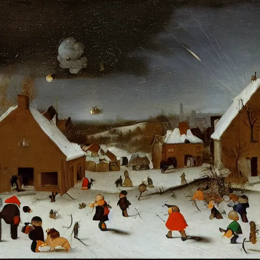 Prompt: a painting by brueghel of a winter landscape of a village with children playing and animals running around, with a meteor shower in the sky and smoke coming out of the chimneys