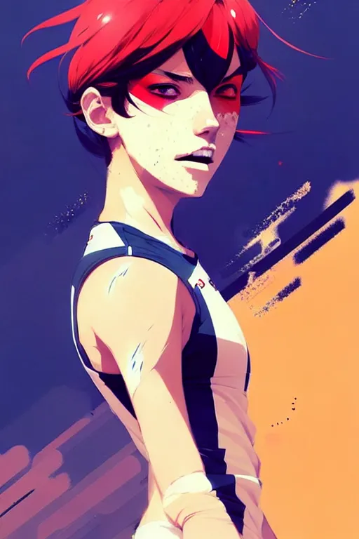 Prompt: a ultradetailed beautiful panting of a stylish girl in a volleyball jersey, by conrad roset, greg rutkowski and makoto shinkai, trending on artstation