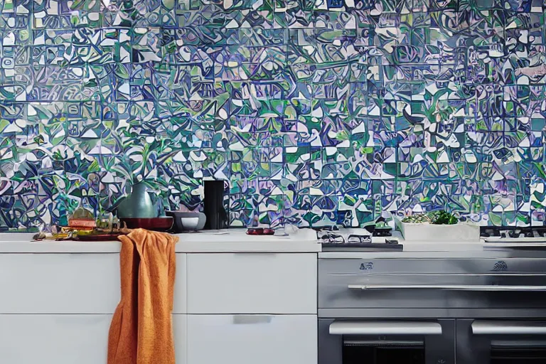 Image similar to IKEA catalogue, vaporwave kitchen with geometric tiles, gaudi