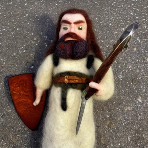 Prompt: needle felted gimli saying and my axe from the fellowship of the ring (2001), highly detailed, tilt shift, atmospheric, hyperrealism, highly textured, god rays