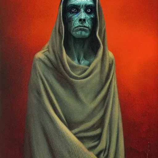 Image similar to inquisitor of Mephistopheles portrait by gerald brom and Zdzisław Beksiński, darkwave