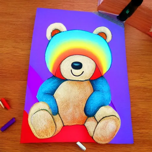 Image similar to teddy bear vomiting rainbow, photorealistic