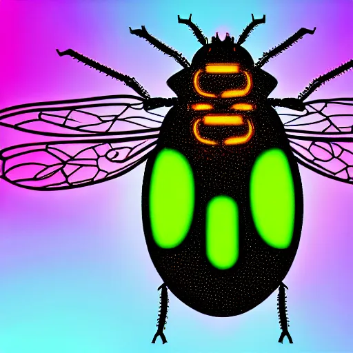 Prompt: cybernetic housefly, genetically enhanced, multicolored lighting, prominent circuitry