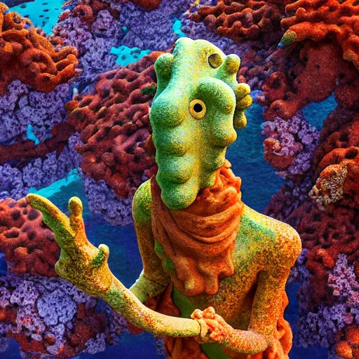 Prompt: ''rusty statue of handsome squidward in a coral reef, paint style,, studio lighting, high detail, 4 k, title - shift, hyperrealism, cinematic image, dramatic light, 8 k ultra resolution, hd, illustration, featured on artstation, professional painting, digital art''