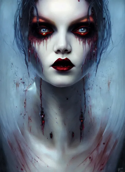 Prompt: masterpiece painting of elite vampire widow girl portrait by elena kukanova, jeff easley, james jean and zdizslaw beksinski, 8 k, epic, majestic, intricate artwork, volumetric lighting, porcelain skin, dramatic vivid and vibrant colors, gothic, haunting, in the style of midjourney, trending on artstation, behance