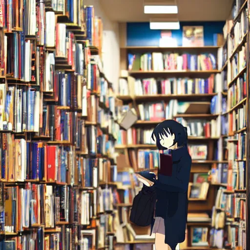 Image similar to At the end of the world, a high school girl browsing in a bookstore, Makoto Shinkai style