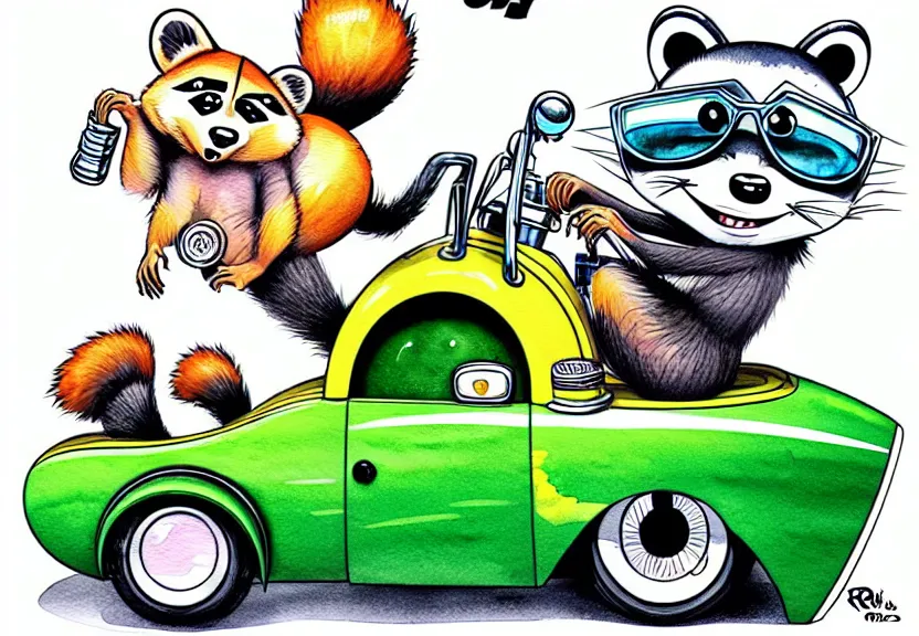 Image similar to cute and funny, racoon with funny expression riding in a tiny hot rod coupe with oversized engine, ratfink style by ed roth, centered award winning watercolor pen illustration, isometric illustration by chihiro iwasaki, edited by range murata