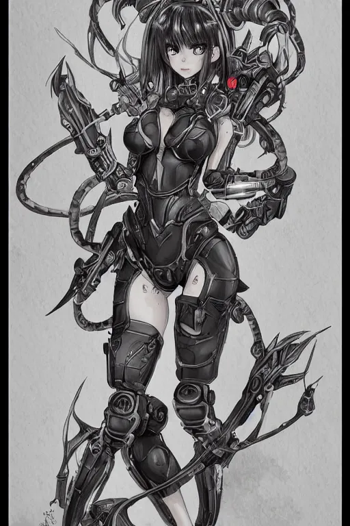 Image similar to full body illustration, mechanized burnette female, blissful succubus, highly detailed, sumi - e art, suiboku - ga ink, by kim jisu, pen and ink monochrome, mecha, deviantart, artstation, pinterest