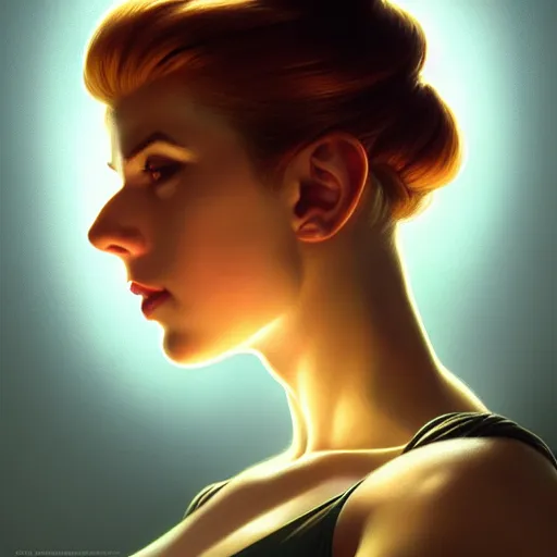 Prompt: head and shoulder portrait of Samus Aran, dark fantasy, medium shot, intricate, elegant, highly detailed, digital painting, volumetric light, artstation, concept art, smooth, sharp focus, illustration, art by Gil Elvgren and Greg Rutkowski and Alphonse Mucha