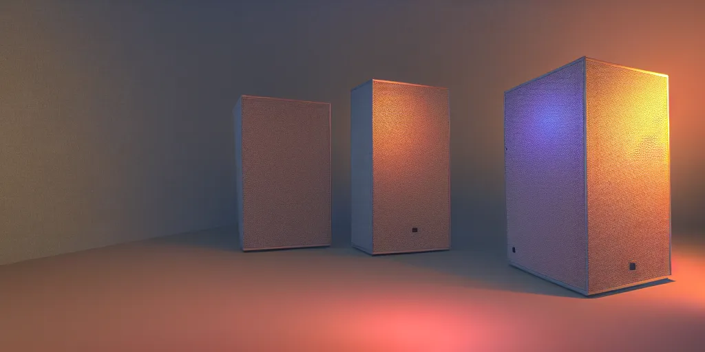 Image similar to 2 large speakers covered with a delicate psychedelic texture, octane render, hyper detailed render, volumetric light, ultra realistic,