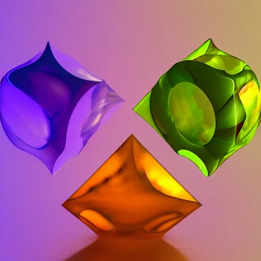 Image similar to 3 d render, magic translucent 3 d shapes, caustics, studio lighting, gemstone, magical, glowing, fruit candy, gushers, soft 3 d geometrical shapes, juicy, octane render, soft, high definition, beautiful mesh gradient colors, 1. 0 transmission, visual particles and static surrounding, clean aesthetic, blender, redshift, white background, ethereal