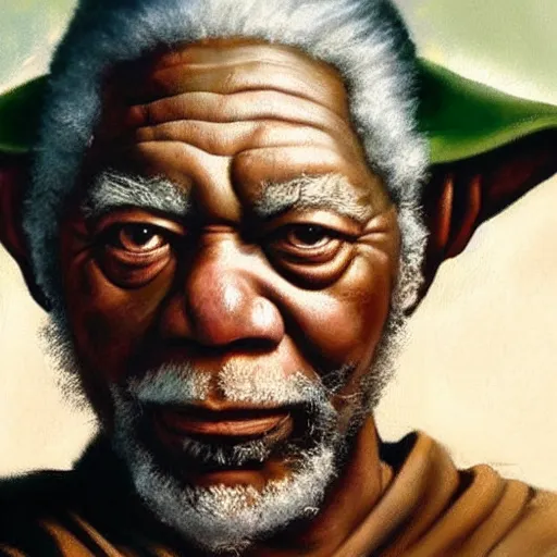 Image similar to ultra realistic portrait painting of morgan freeman as yoda, art by frank frazetta, 4 k, ultra realistic, highly detailed, epic lighting