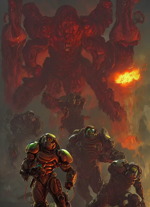 Image similar to ( doom ) cover featuring doom guy!! doom marine!! surrounded by demons, by kenneth scott, artstation, vivid gaze