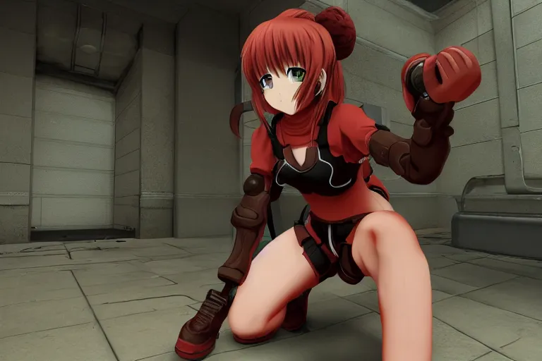 Image similar to an anime girl in a screenshot of the video game doom, the anime girl is crouching