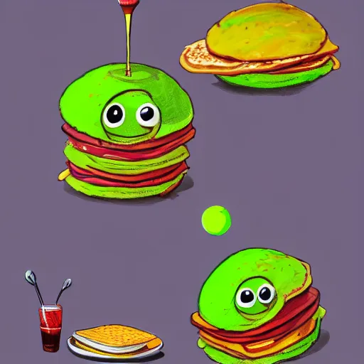 Prompt: a tennis ball monsters eating pancakes, breakfast, digital art, fantasy, magic, chalk, trending on artstation, ultra detailed, professional illustration by basil gogos