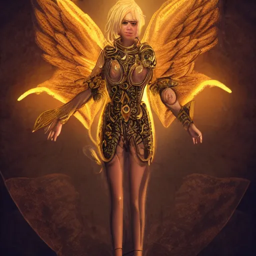 Image similar to pretty blond steampunk seraphim surrounded by lava, 8 k, shallow depth of field, 8 k, ultra high detail, concept art,