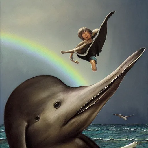 Prompt: a hyper realistic painting of the grim reaper sitting on of a dolphin jumping over a rainbow, by greg rutkowski and santiago caruso,