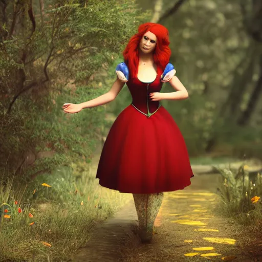 Image similar to red head queen, alice in wonderland theme, disney photo realistic, full body, octane render, 8 k, unreal engine, hd, cinematic lighting