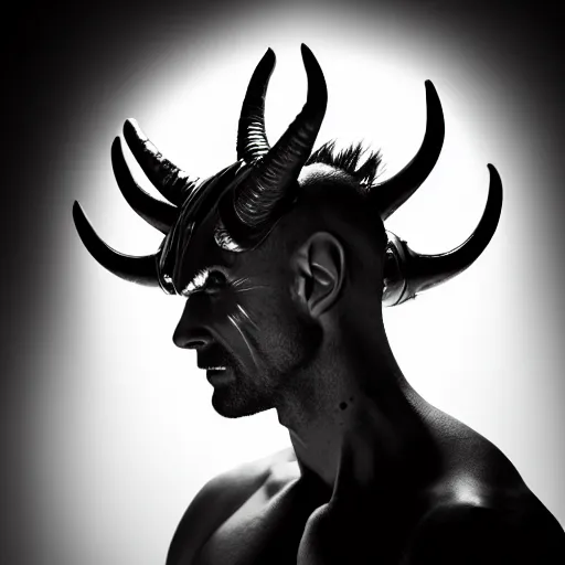 Image similar to photorealistic, iso - 4 0 0, canon eos 5 d mark iv, shot on 7 0 mm, portrait of male archangel bellringer form lexx by lee jeffries and platon silveed skin, flame halo ring over head, demonic, horns, fangs, nd 4, perfect studio lighting