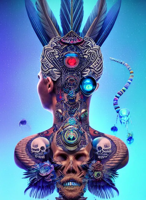 Image similar to 3 d shaman with tattoos profile portrait, sigma 5 0 0 mm f / 5. beautiful intricate highly detailed quetzalcoatl skull and feathers. bioluminescent, gradient background, plasma, frost, water, wind, creature, thunderstorm! artwork by tooth wu and wlop and beeple and greg rutkowski, 8 k trending on artstation,