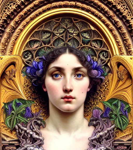 Image similar to hyperrealistic detailed portrait of a beautiful young goddess morphing into a gothic cathedral, authentic ornamental architecture, intricate and highly detailed, awe inspiring art by ernst haeckel, john william godward, h. r. giger, alphonso mucha, android jones, james jean, gothic, neo - gothic, heavily ornamental, deep colours,