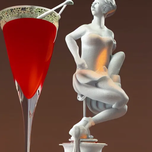 Image similar to close - up of white reneissance statue holding a coctail, colorful coctail, digital painting, 3 d render