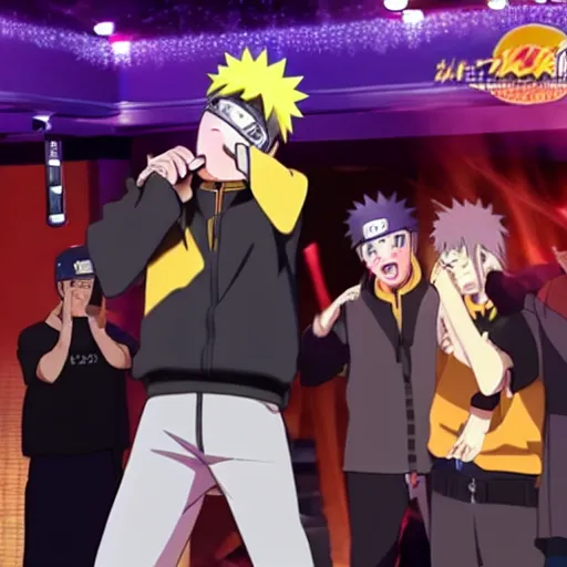 Image similar to naruto singing karaoke, while drunk, in a nightclub, highly detailed, 4k, Cinematic lighting, anime