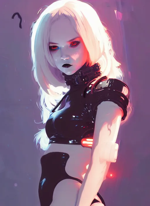 Image similar to portrait of cute goth maiden girl in cyber bikini armor, face by ilya kuvshinov, warhammer, cyberpunk, by atey ghailan, by greg rutkowski, by greg tocchini, by james gilleard, by joe fenton, by kaethe butcher, dynamic lighting, gradient light blue, brown, blonde cream and white color in scheme, grunge aesthetic
