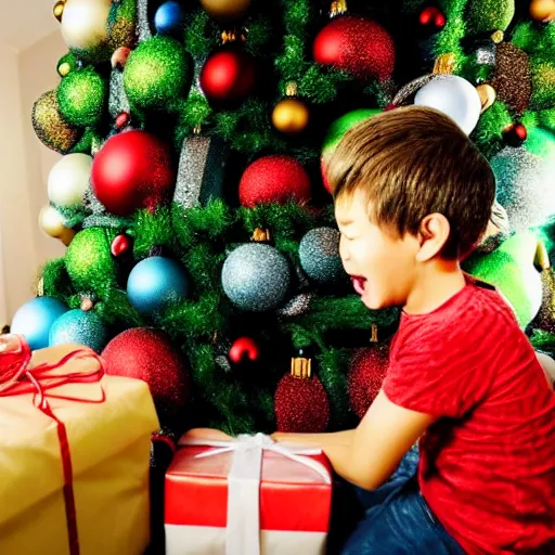 Prompt: a kid at christmas disappointed and crying looking a giant moai statue, his hands buried in his face, sitting down | inside of a house next to a christmas tree, large opened present box next to the moai