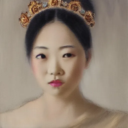 Prompt: Close-up of a young asian woman’s face wearing jewelry and a crown, low light and soft focus, painting in the style of Wlop