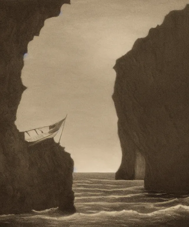 Image similar to photorealistic sepia painting of a 1 9 2 5 bay boat sailing near a jamaican cliff with the mouth of a sea cave at the waterline, dark, brooding, atmospheric, lovecraft, horror, smooth, epic, highly detailed, cinematic