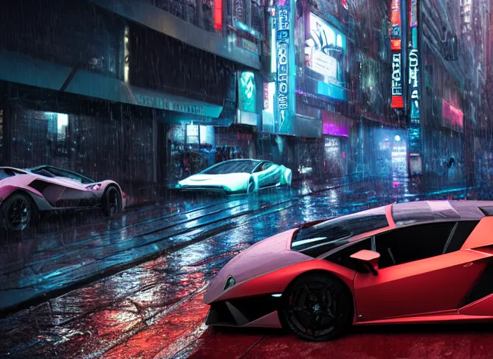 Prompt: Photo of Futuristic Lamborghini supercar on wet city streets by craig mullins and James Gurney, hyperdetailed, dramatic camera angle, octane render 8k,cyberpunk, neon, photorealistic