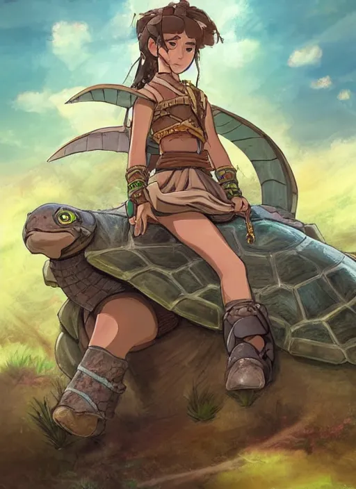 Image similar to portrait of a little warrior girl character riding on top of a giant armored turtle in the desert, studio ghibli epic character with dark skin and beautiful green eyes, very beautiful detailed symmetrical face, long black hair, bright colors, diffuse light, dramatic landscape, fantasy illustration